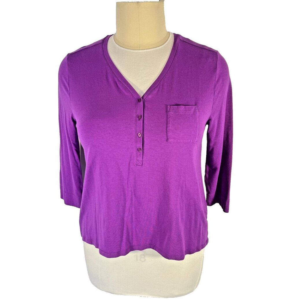 Jockey Henley Tee Shirt Womens XL Fuschia Purple V-Neck 3/4 Sleeve